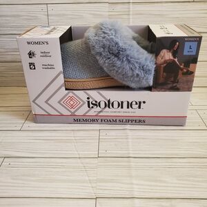 Isotoner Blue Memory Foam Rubber Bottoms Womens Slippers Knit Fur Large 8.5-9  N